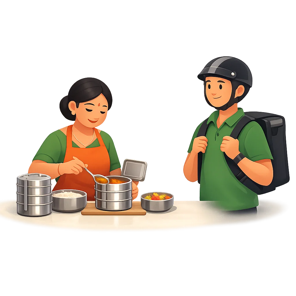 Home chef handing tiffin to delivery partner